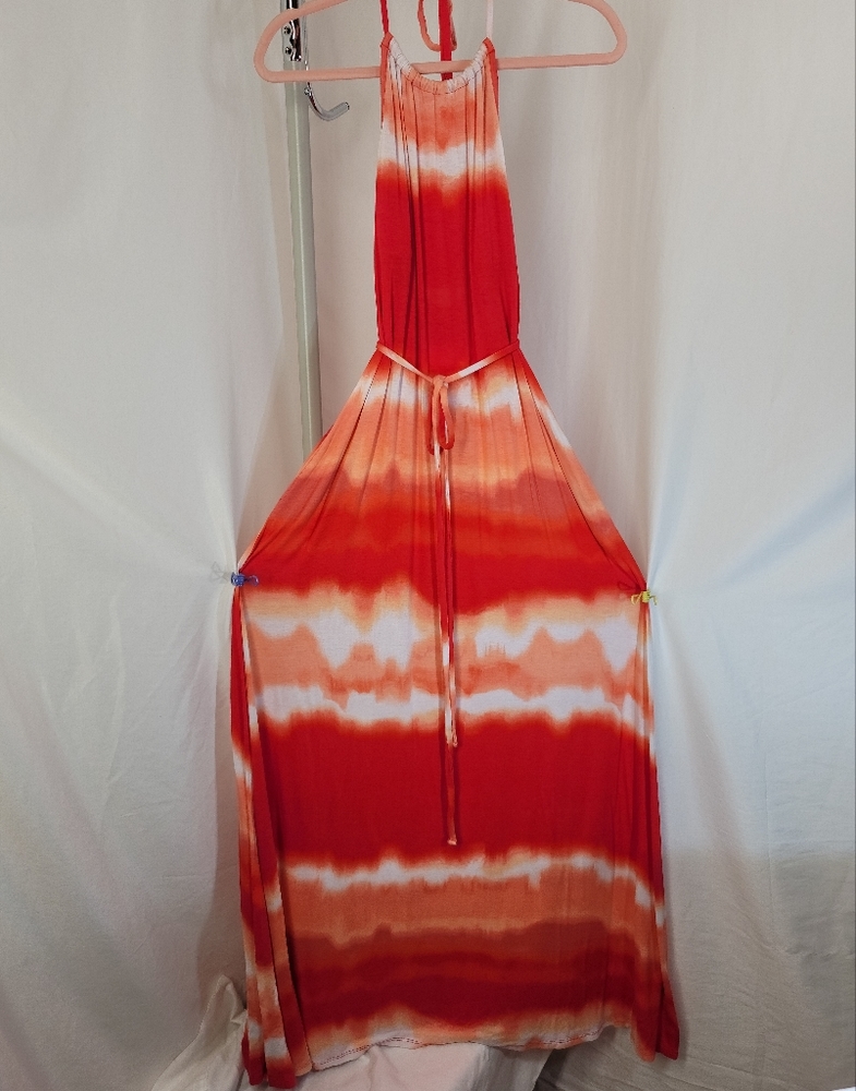 New York & Co. Halter Red, Orange & White Tie Dye Maxi Sundress, women's small